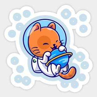 Cute Cat Astronaut Hug Planet In Space Cartoon Sticker